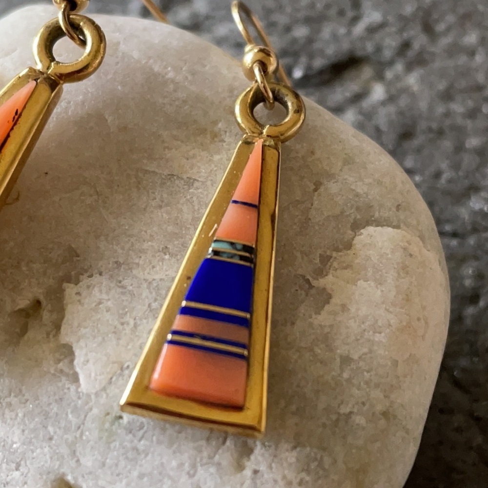 18K GOLD Zuni Native American Vintage Multi-stone Dangle Earrings - Picture 9 of 14